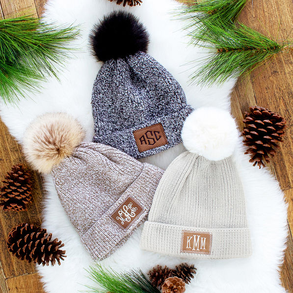 monogrammed marbelized knit beanie in brown