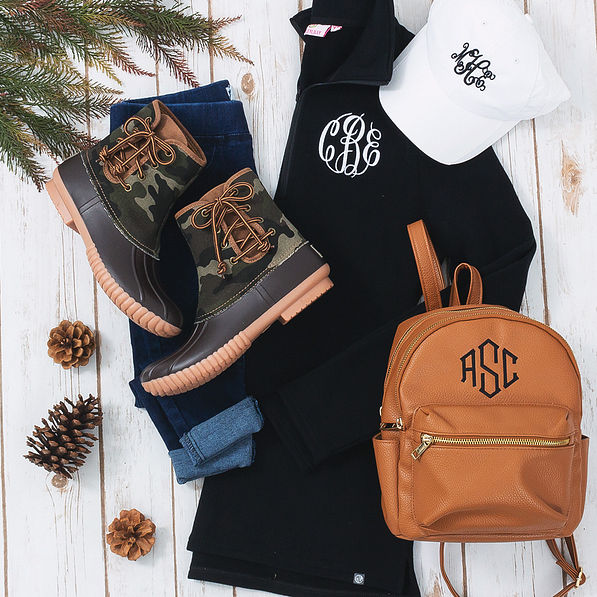camo duck boots with monogrammed pullover sweatshirt