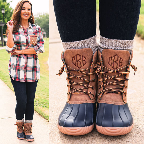 monogrammed navy duck boots with plaid tunic