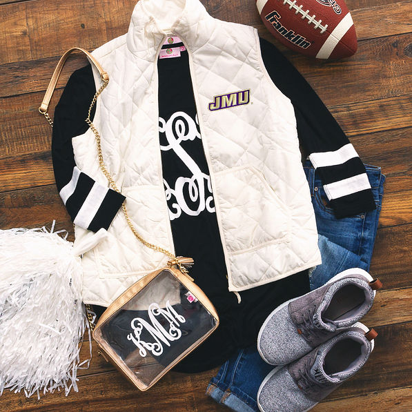 james madison university puffy vest with monogrammed varsity tunic