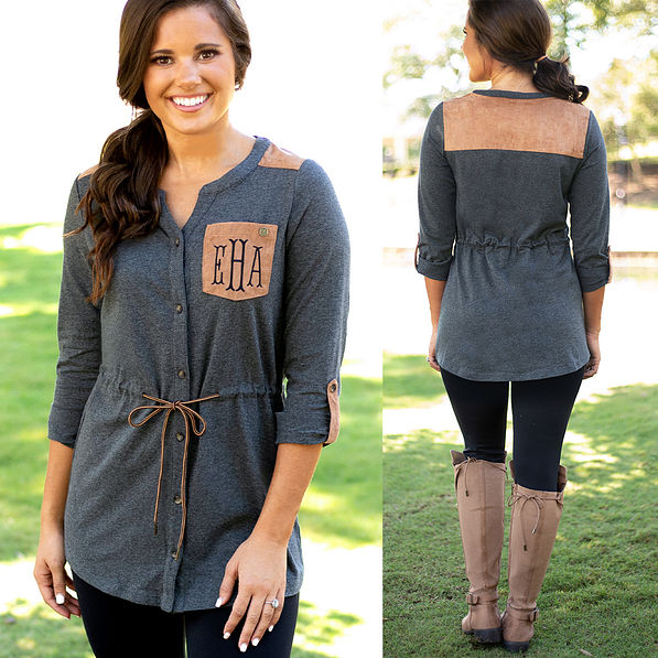 monogrammed charcoal tunic with cinched waist and suede detailing
