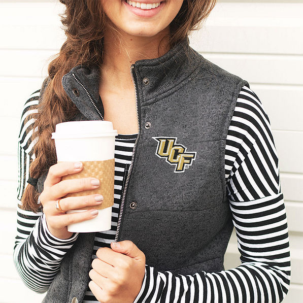 up close detail on ucf heathered quilted vest in black with striped top