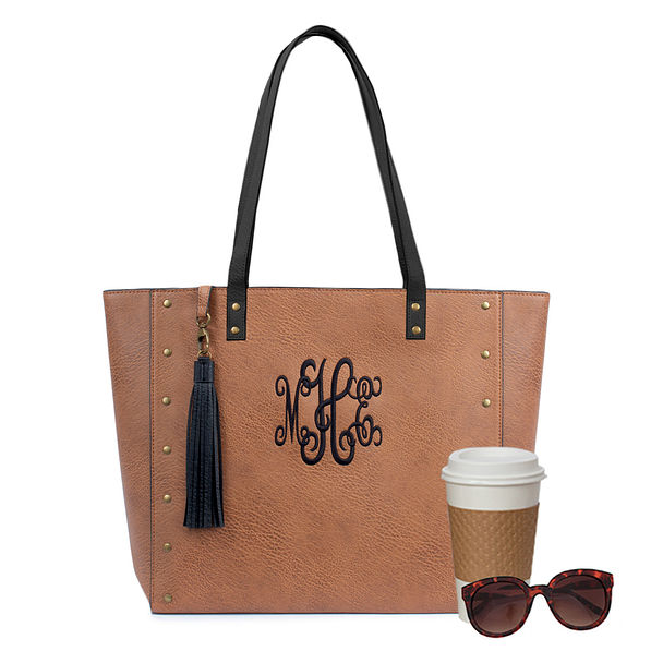 monogrammed cheyenne tote in camel