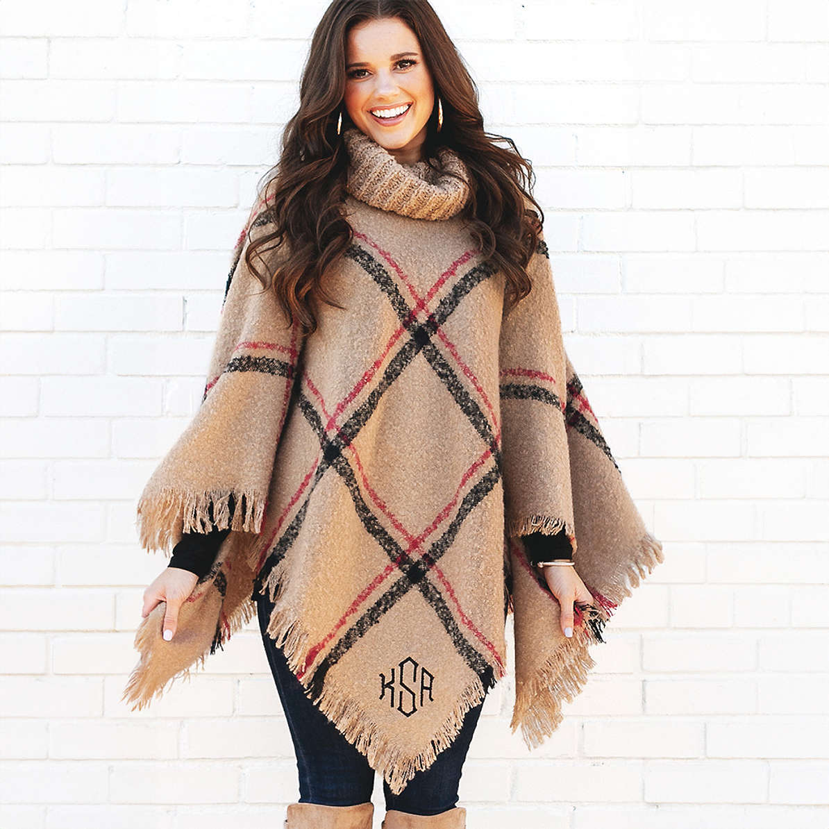 Monogrammed Plaid Poncho - Plaid Sweater Poncho