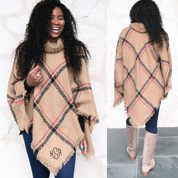 Monogrammed Plaid Poncho - Plaid Sweater Poncho