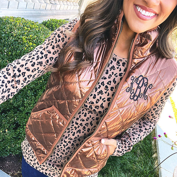 monogrammed metallic bronze vest with leopard tee