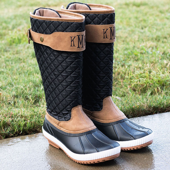 side view of black quilted rain boots