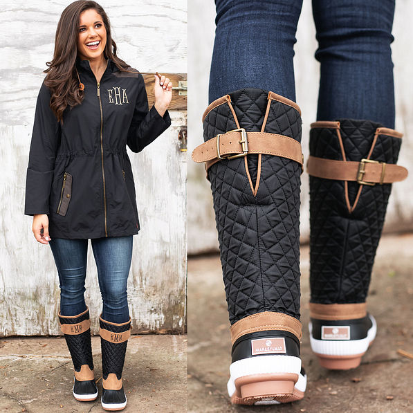 black monogrammed rain boots with utility jacket