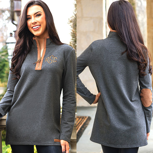 front and back of charcoal utility pullover