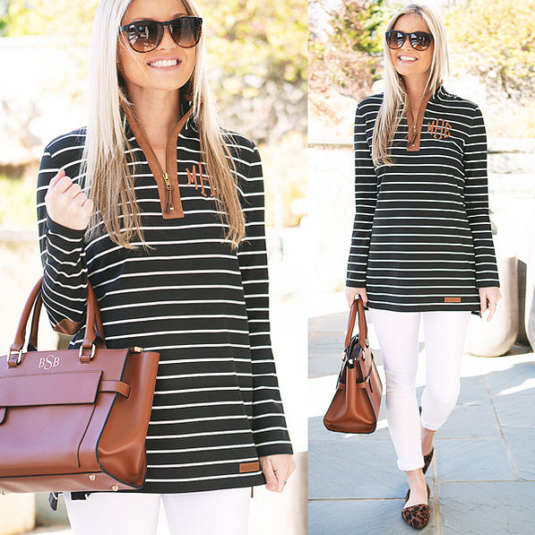 monogrammed black and white striped pullover with brown handbag