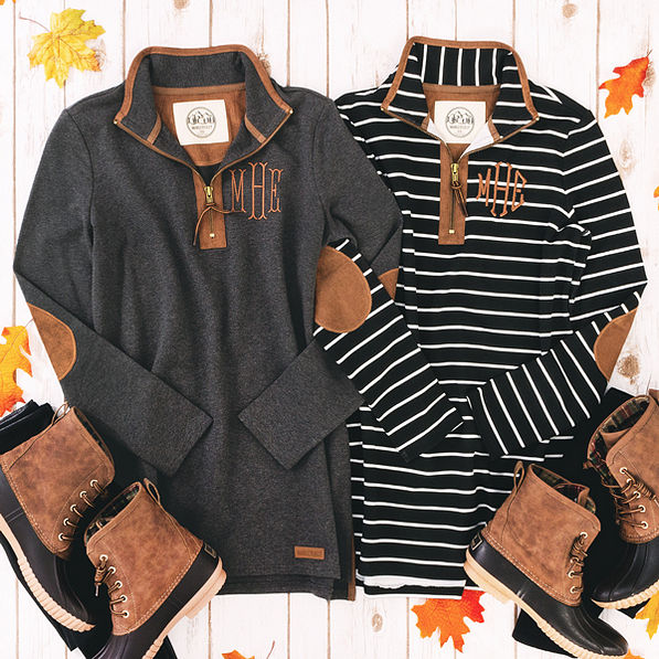 monogrammed charcoal and striped utility pullovers