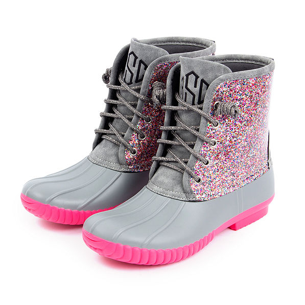 Gray and pink store duck boots