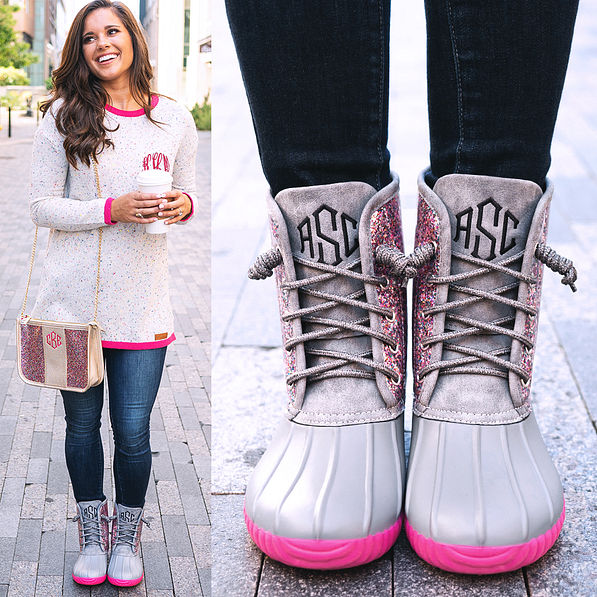 monogrammed confetti duck boots with confetti sweater