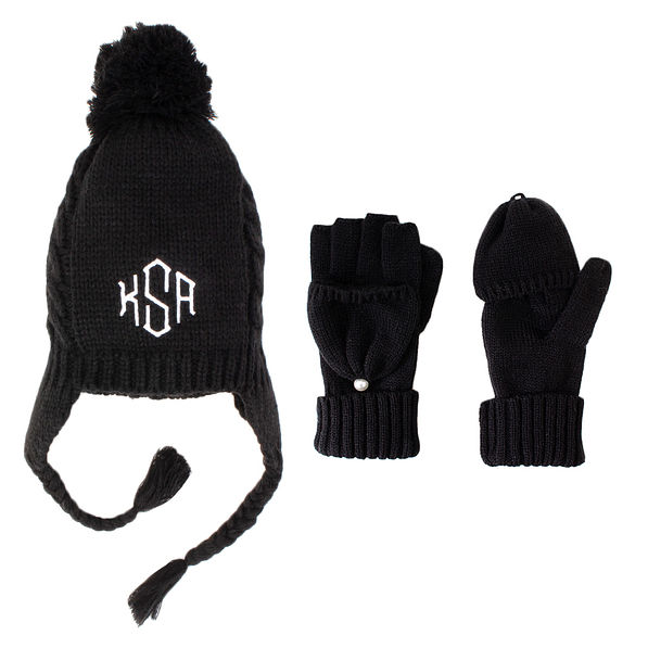 monogrammed beanie and glove set in black