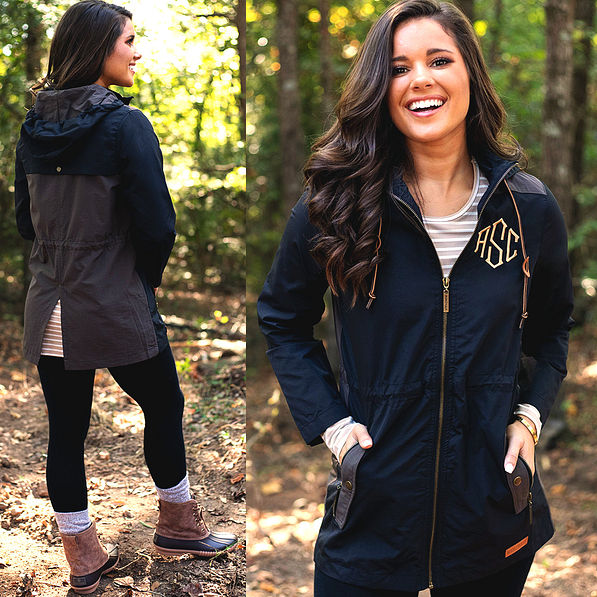 front and back shot of monogrammed utility rain jacket