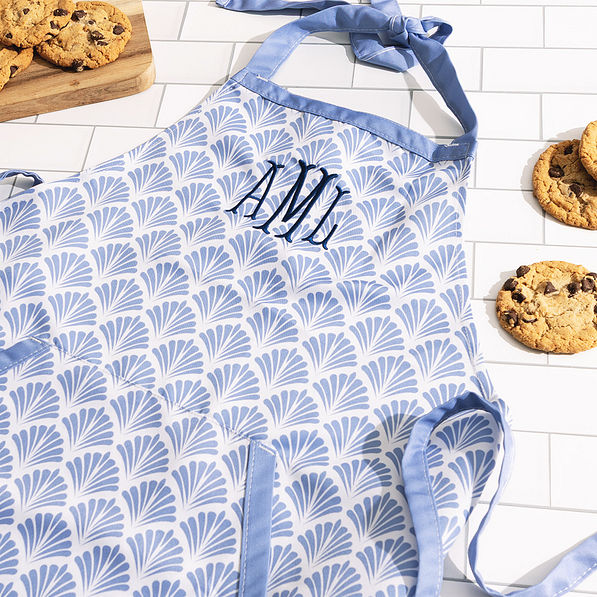 blue shells monogrammed apron with cookies