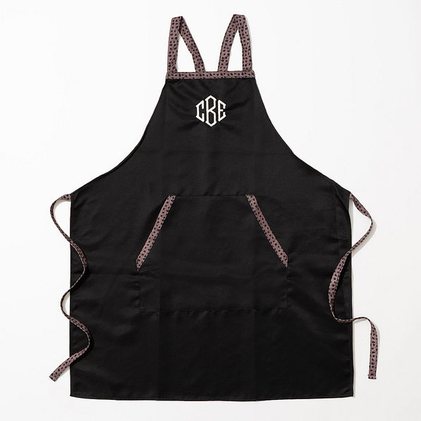 monogrammed apron in black with leopard