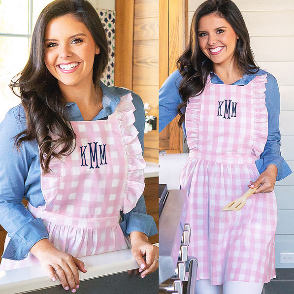 monogrammed pink gingham apron split