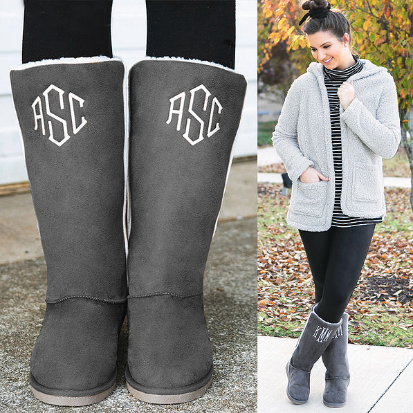 gray monogrammed tall sherpa boots with teddy bear coat