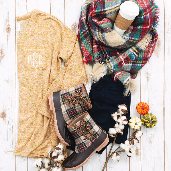 camel plaid pull on duck boots with monogrammed blanket scarf and monogrammed v-neck tunic
