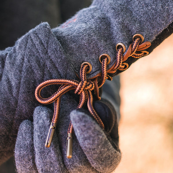 duck boot lace detailing on monogrammed gloves