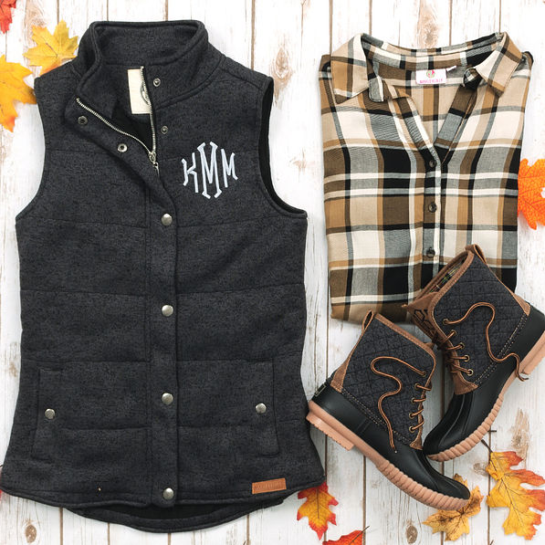 heathered charcoal quilted duck boots with monogrammed heathered quilted vest and collared layering tunic