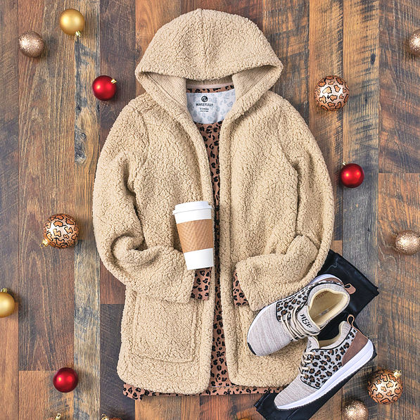 camel sherpa shacket with monogrammed leopard sneakers