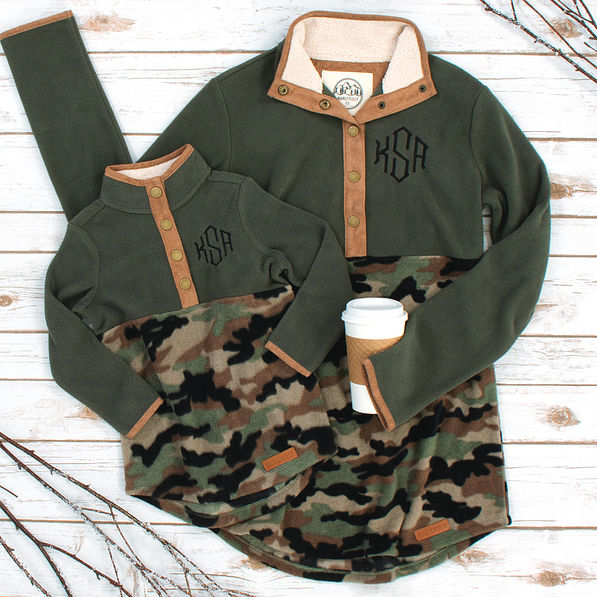 mommy and me monogrammed camo colorblock fleece pullovers