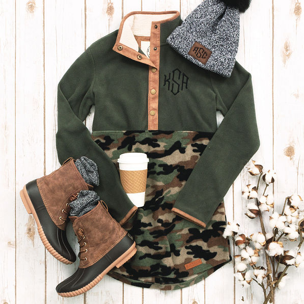 camo monogrammed colorblock fleece pullover with monogrammed beanie