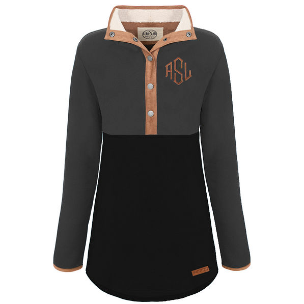 monogrammed black and charcoal fleece pullover