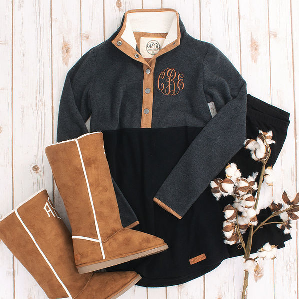 colorblock pullover with monogram and sherpa tall boots