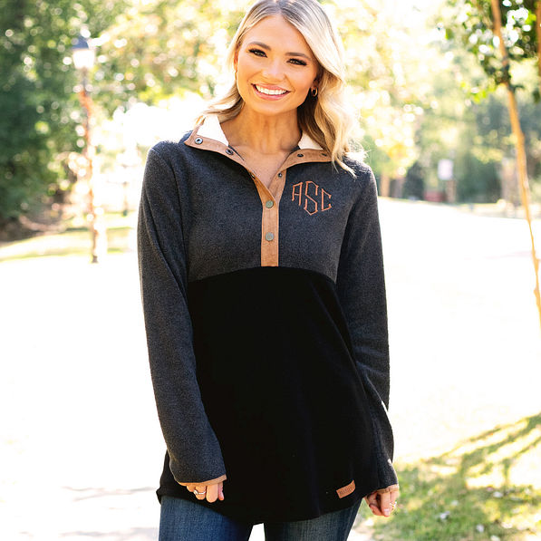 black and charcoal monogrammed snap button pullover
