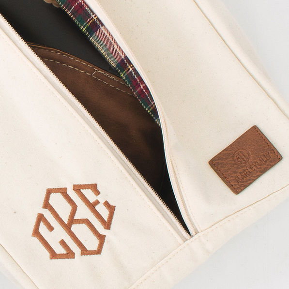 close up of monogram and leather branding on monogrammed travel shoe bag