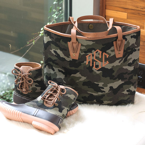 monogrammed camo tote with camo pull on duck boots