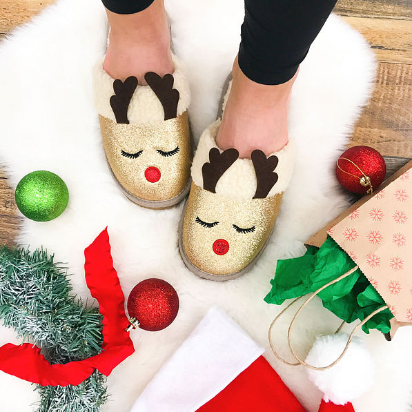 christmas props with rudolph slippers