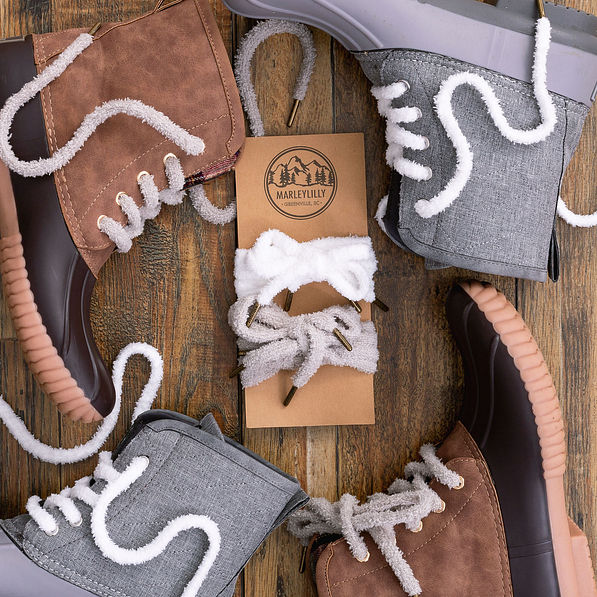 sherpa shoelaces on duck boots and on card