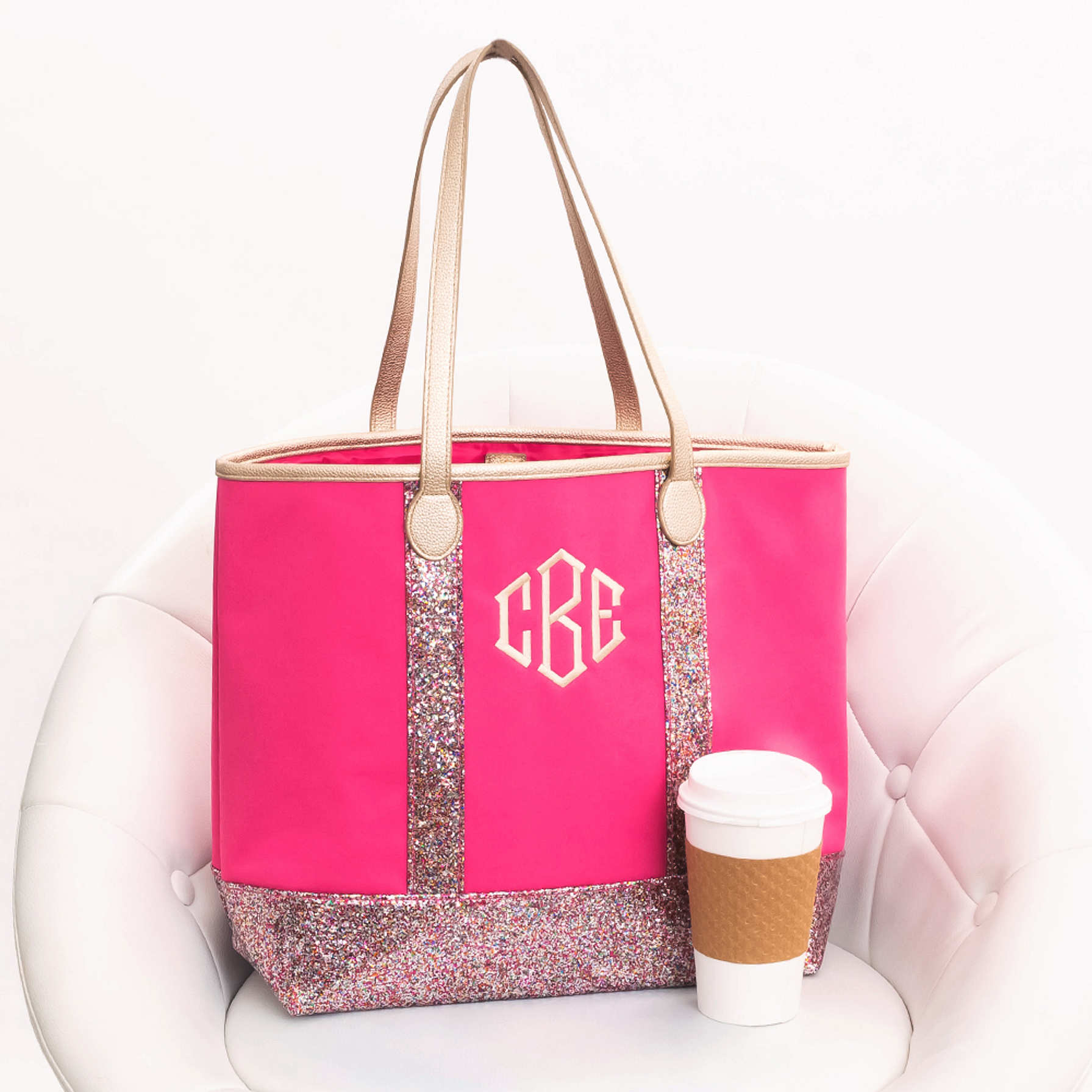 Champagne Gold Glitter Pattern Print Leather Tote Bag