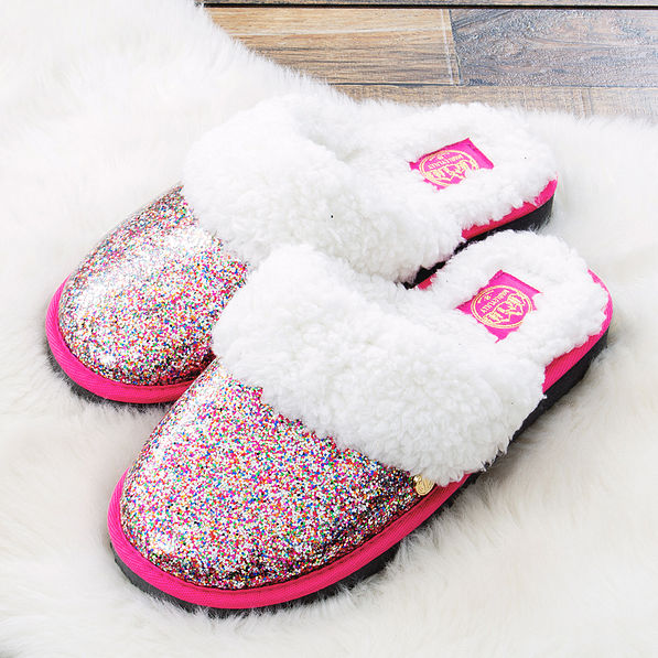 confetti slippers on faux fur rug