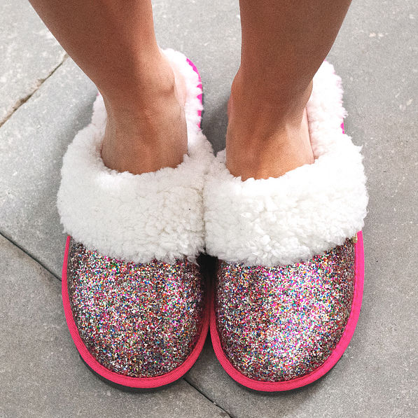confetti slippers on feet