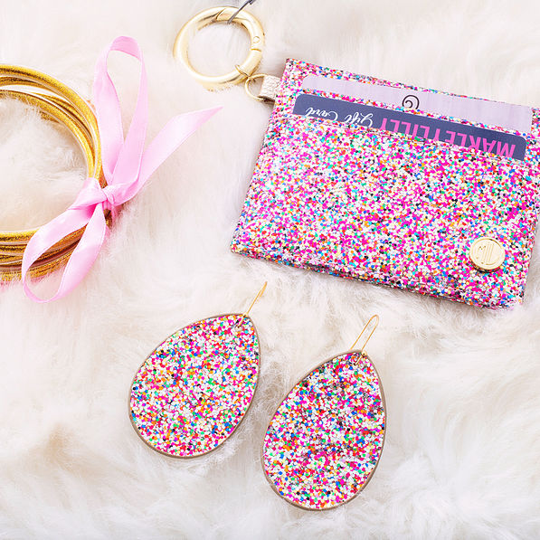 confetti leaf earrings with confetti card case