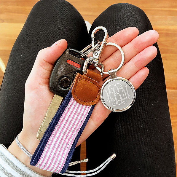 Personalized Seersucker Key Fob, Navy and Pink
