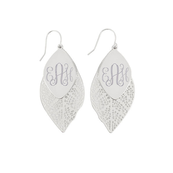 monogrammed silver layered leaf earrings