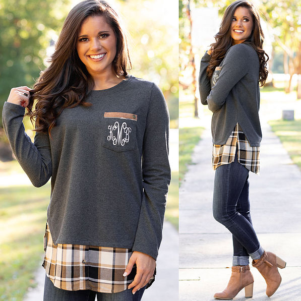 front and side of monogrammed plaid hem sweatshirt