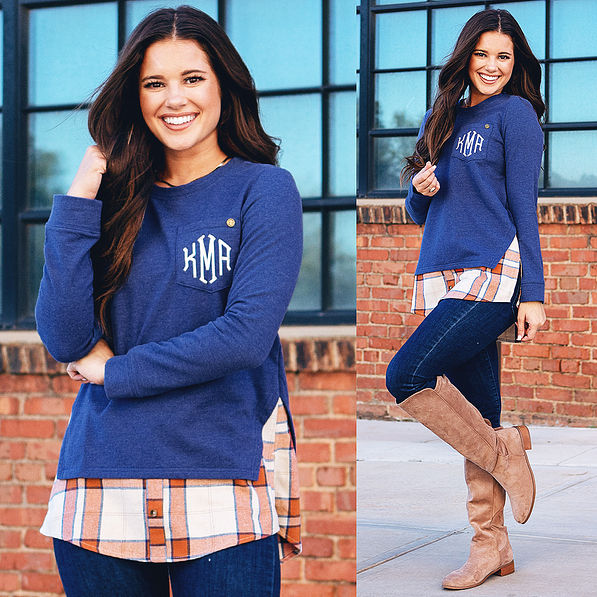 navy plaid hem sweatshirt split