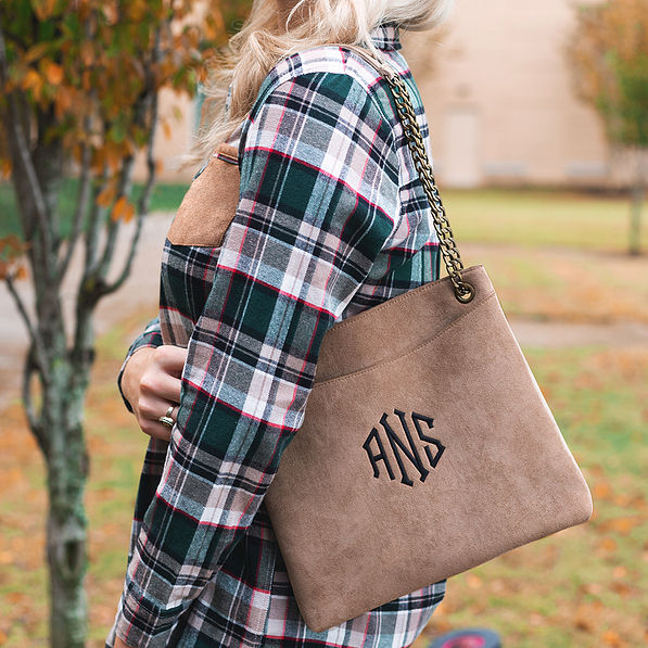 monogrammed convertible suede bag with double straps