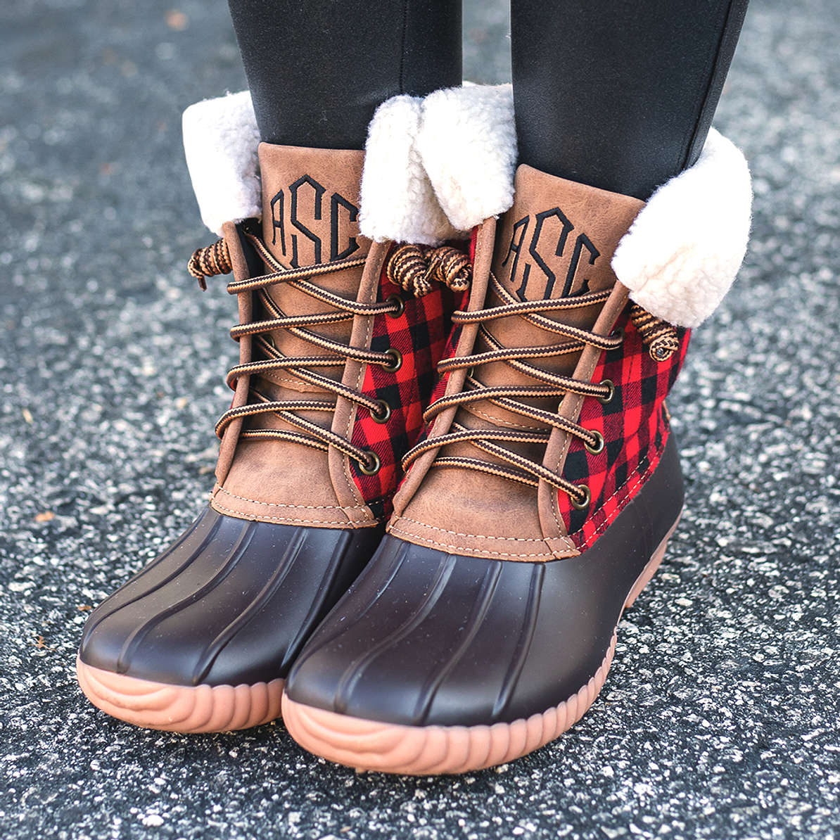 red and black checkered duck boots