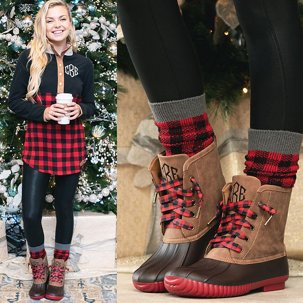 monogrammed buffalo plaid pullover with buffalo plaid lace duck boots