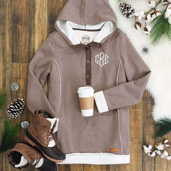 monogrammed aspen hoodie with coffee and duck boots
