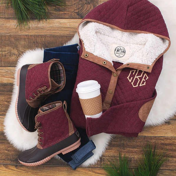 monogrammed burgundy duck boots with monogrammed quilted hoodie