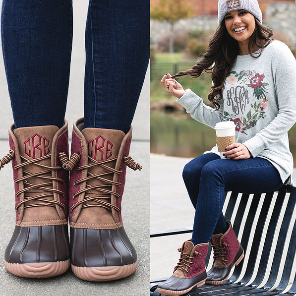 monogrammed burgundy duck boots with monogrammed terry pullover